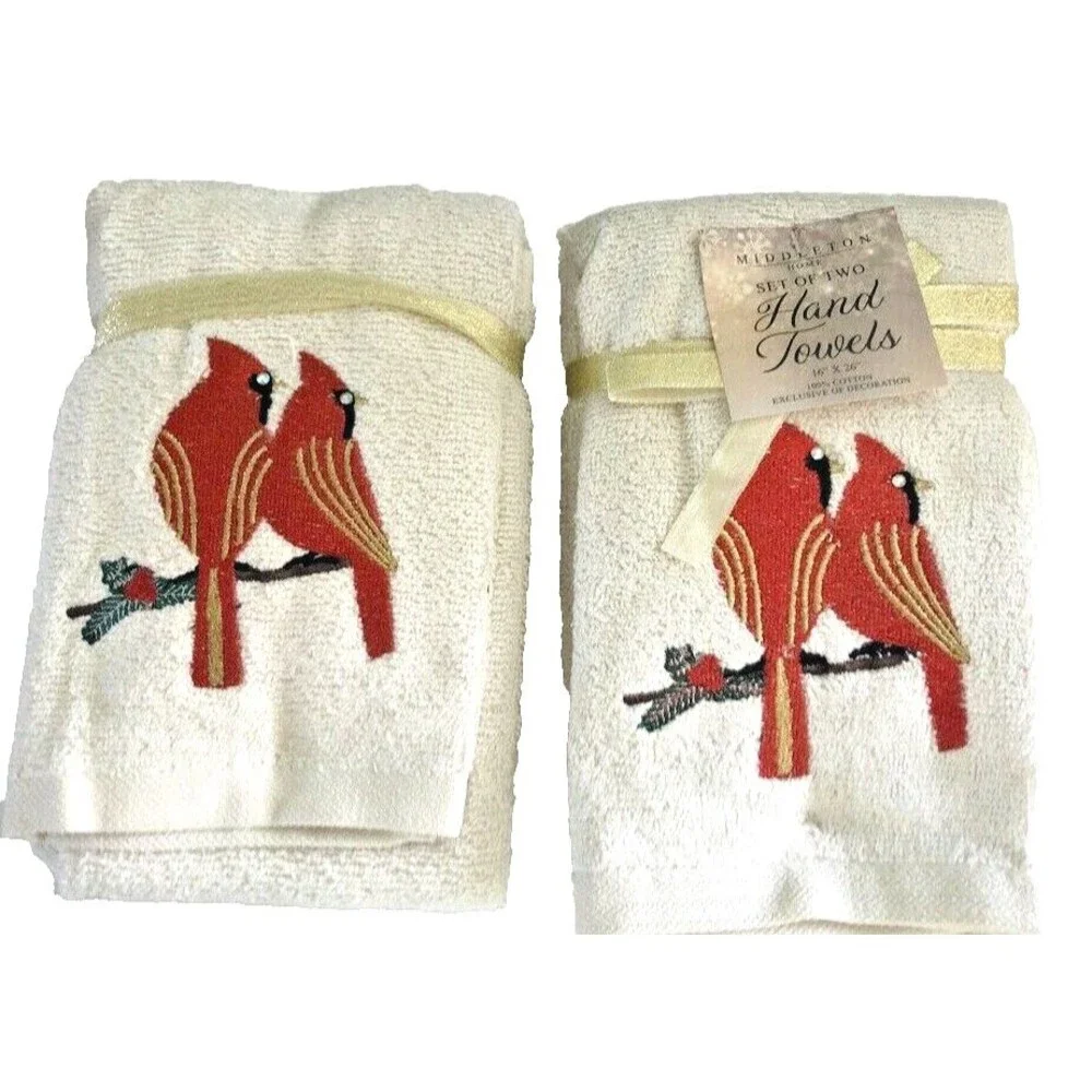 Christmas Cardinal Rhinestone Hand Towels Embroidered Embellished Ivory Set of 2